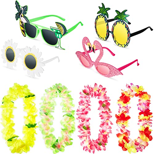 Chuangdi 8 Stücke Hawaiian Leis Sonnenbrille Set, 4 Stücke Hawaiianische Lei Blume 4 Stücke Luau Party Sonnenbrille, Lei Luau Girlande Lustige Sonnenbrille für Tropische Strandparty Dekoration von Chuangdi