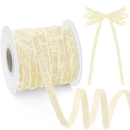 Chuangdi Elfenbeinfarbenes Knautschsamtband mit Holzspule, 0,95 cm x 40 m, luxuriöses Vintage-Samtband für Heimwerker, Weihnachtsbaumschmuck, Geschenkverpackung, Kranz, Dekoration, Urlaubsdekor Chuangdi Elfenbeinfarbenes Knautschsamtband mit Holzspule, 0,95 cm x 40 m, luxuriöses Vintage-Samtband für Heimwerker, Weihnachtsbaumschmuck, Geschenkverpackung, Kranz, Dekoration, Urlaubsdekor von Chuangdi