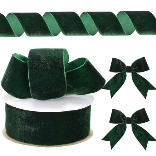 Chuangdi Weihnachtsbandspule, rot und grün, Vintage-Samtbänder für Weihnachtskranz, Dekoration, handgefertigte Basteldekorationen, Geschenkverpackungen, Schleifenherstellung (grün, 5,1 cm, 9,1 m) von Chuangdi