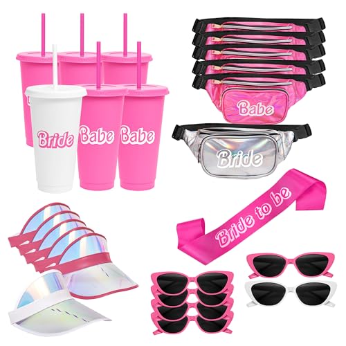 Chug Buddy 25-teiliges Junggesellinnenabschied-Set - 5 Babe Bachelorette Bauchtaschen + 1 Braut Bauchtasche - Rosa Junggesellinnenabschied Zubehör mit Visieren, Sonnenbrille & Trinkgläsern von Chug Buddy