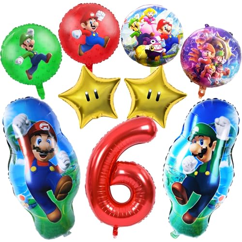 9 PCS Ma-rio Folienballons, 6 Jahre Geburtstag Party Dekorationen, Super Ma-rio Party Dekorationen enthalten Nummer 6 Folienballon, Stern Luftballons, runde Luftballons für Kindergeburtstag Party von Chukua