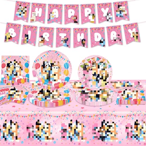 Chukua 42 Stück Cartoon Hund Thema Geburtstagsdeko, Rosa Geburtstag Party Supplies Geschirr Set enthalten Happy Birthday Banner, Pappteller, Tischdecke und Servietten von Chukua