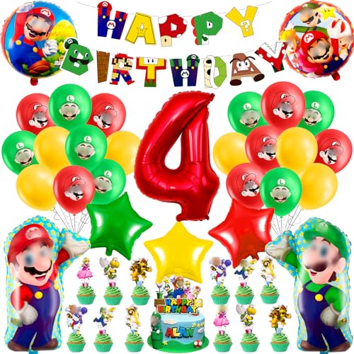 Mari Luftballons Geburtstag Deko 4 Jahre Jungen Mädchen- 44Pcs Geburtstagsdeko 4 Jahr Super bros Ballon Deko 4. Geburtstag Girlande Folienballons Banner Tortendeko für Kindergeburtstag Party Deko von Chukua