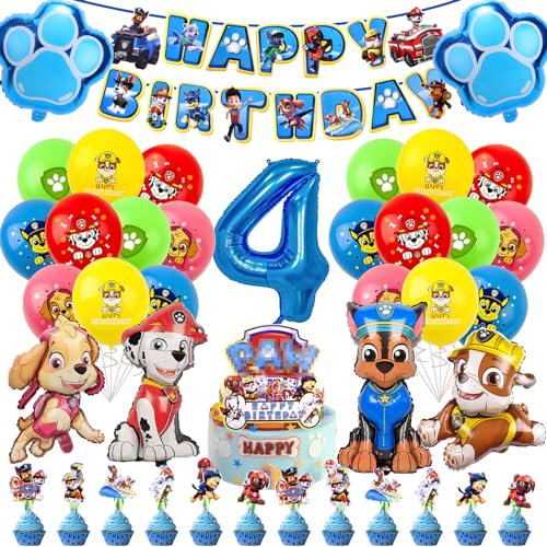 Paw Luftballon Geburtstag Deko 4 Jahre Jungen Mädchen -Hund Patrol Geburtstagsdeko 4 Jahr Ballon Deko 4. Geburtstag Folienballons Happy Birthday Girlande Cake Topper für Kindergeburtstag Party Deko von Chukua