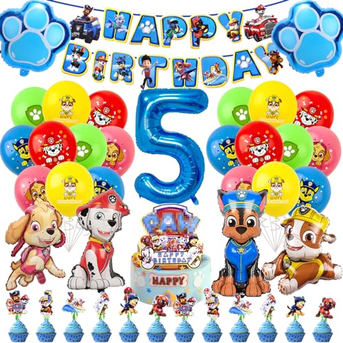 Paw Luftballon Geburtstag Deko 5 Jahre Jungen Mädchen -Hund Patrol Geburtstagsdeko 5 Jahr Ballon Deko 5. Geburtstag Folienballons Happy Birthday Girlande Cake Topper für Kindergeburtstag Party Deko von Chukua