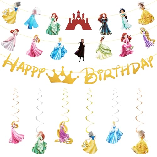 Prinzessin Geburtstag Deko Mädchen Prinzessinnen Bunting Girlande Hängende Deko Prinzessin Geburtstagsdeko Happy Birthday Banner Partyzubehör für Kindergeburtstag Thema Party Supplies Deko von Chukua