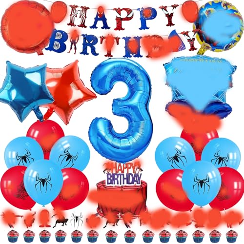Spider Luftballon Geburtstag Deko 3 Jahre Jungen- Spider Girlande Geburtstagsdeko 3 Jahr Spider Ballon Deko 3. Geburtstag Folienballons Happy Birthday Banner Tortendeko für Kindergeburtstag Party Deko von Chukua