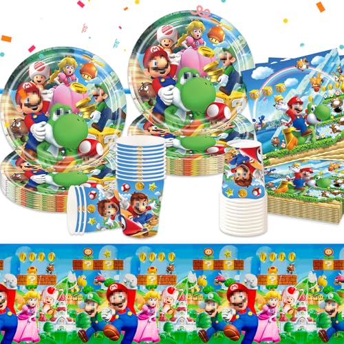 Super Bros Pappteller Kindergeburtstag Deko Jungen Mädchen- Mari Geburtstag Geschirr Set Super Brothers Geburtstagsdeko Partygeschirr Party Supplies Deko Tischdecke Servietten Teller Tassen 20 Gäste von Chukua