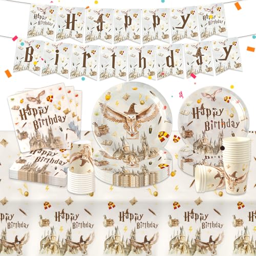 Wizard Pappteller Kindergeburtstag Deko- Magischer Geburtstag Geschirr Deko Wizard Geburtstagsdeko Partygeschirr Set Party Supplies Deko Banner Tischdecke Servietten Teller Tassen Jungen Mädchen von Chukua