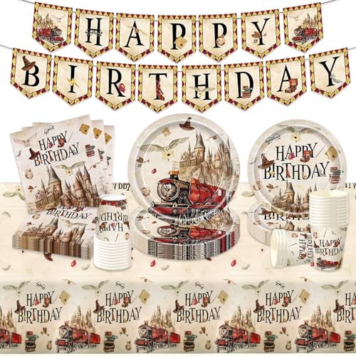Wizard Pappteller Kindergeburtstag Deko- Magischer Geburtstag Geschirr Deko Wizard Geburtstagsdeko Partygeschirr Set Party Supplies Deko Banner Tischdecke Servietten Teller Tassen Jungen Mädchen von Chukua
