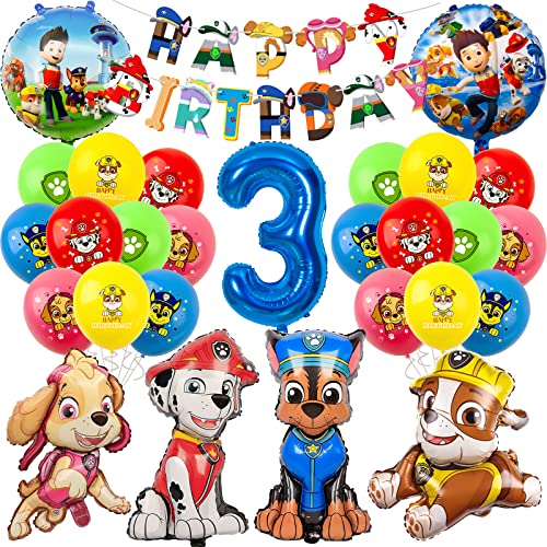 Paw Luftballon Geburtstag Deko 3 Jahre Jungen Mädchen -Hund Patrol Geburtstagsdeko 3 Jahr Skye Marshall Chase Rubble Ballon Deko 3. Geburtstag Happy Birthday Girlande für Kindergeburtstag Party Deko von Chukua