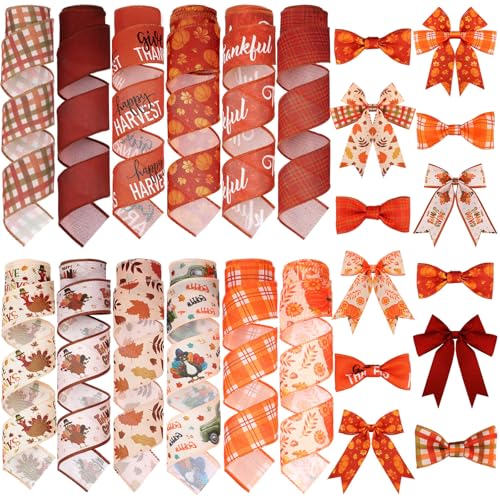 Chunful 12 Rollen 60 Meter Thanksgiving Herbst Drahtrand Band Kürbis Truthahn Ahornblatt Handwerk Stoffbänder für Thanksgiving Rustikale Herbsternte DIY Geschenkverpackung Schleifen Party Dekoration von Chunful