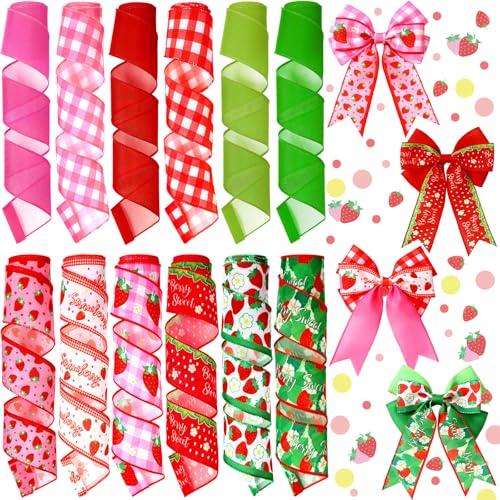 Chunful 12 Rollen Osterband mit Drahtrand, 6,3 cm x 4,5 m, Osterei, Hase, Karotte, Juteband, Bastelband, Stoff, dekorativ für Geschenkverpackungen, Haarschleife, Nähkranz, Zubehör (Erdbeere) von Chunful