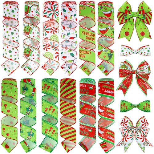 Chunful 12 Rollen grünes Weihnachtsband mit Drahtrand, 5,1 cm, 60 m, rote und grüne Streifen, Punkte, Juteband, Bastelstoff, dekorativ für Geschenkverpackungen, Haarschleifen, Nähen, Kranz, Zubehör von Chunful
