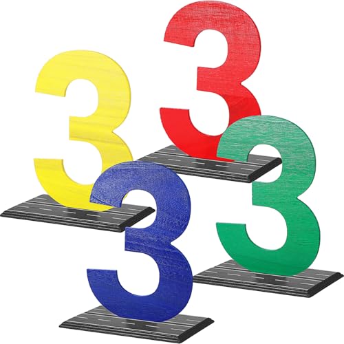 Chunful 4 Stück Rennwagen 3. Geburtstag Nummernschild Holz Tischaufsatz Auto Thema 3. Geburtstag Partyzubehör für Jungen 3. Jahre, 4 Farben von Chunful