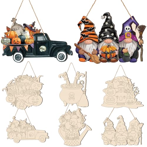 Chunful 6 Sets bemalbare Halloween-Ornamente, unlackiertes Holzhandwerk zum Bemalen von Hexen, Holzhandwerk zum Bemalen von Kürbis, Zwerg, Fledermaus, Ausschnitte, DIY-Ornamente für Erwachsene von Chunful