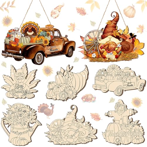 Chunful 6 Sets bemalbare Thanksgiving-Ornamente, unlackiertes Holzhandwerk zum Bemalen von Truthahn-Holzhandwerk zum Bemalen von Kürbis, Zwerg, Ahorn, Ausschnitte, DIY-Ornamente für Erwachsene von Chunful