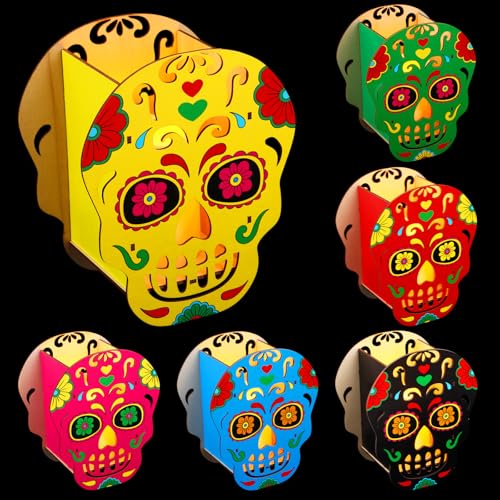 Chunful 6 Stück Dia De Los Muertos Totenkopf-Dekorations-Boxen aus Holz, Ofrenda-Skelett-Kerzenhalter für den Tag der Toten, Tischdekoration für Altar, Gedenken, mexikanische Halloween-Partyzubehör Chunful 6 Stück Dia De Los Muertos Totenkopf-Dekorations-Boxen aus Holz, Ofrenda-Skelett-Kerzenhalter für den Tag der Toten, Tischdekoration für Altar, Gedenken, mexikanische Halloween-Partyzubehör von Chunful