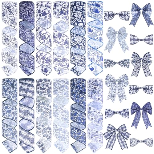 Chunful Chinoiserie Weihnachtsband mit Drahtrand, 5,1 cm, 60 m, weißes und blaues Porzellan, Vogel, Blume, Juteband, Bastelstoff, dekorativ für Geschenkverpackungen, Haarschleifen, Nähen, Kranz von Chunful