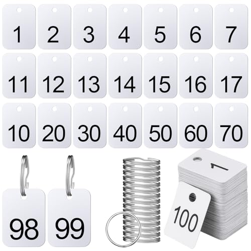 Chunful Nummerierte Kunststoffanhänger mit rundem Ring, rechteckig, weiß, nummeriert, Schlüsseletiketten, für Zuhause, Büro, 1–100 Stück von Chunful