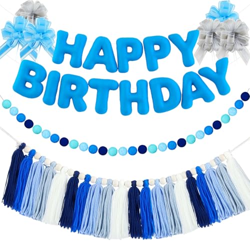 Chunful Vorbespanntes Filz-Happy Birthday-Banner Party-Dekorationsset, wiederverwendbare Girlande, Ball, Quasten-Banner, Gaze-Blumen für Wandhintergrund, Dekoration, 9 Stück (blau) von Chunful