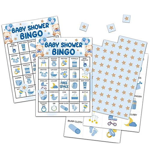 Chuxvon Bingo-Karten mit Ballonbär, Aquarell, blau, Babyparty-Spiel für 24 Spieler, Party-Spiele, Familienfreunde, Aktivitäten, Babypartys, Partyzubehör, Dekorationen (B02) von Chuxvon