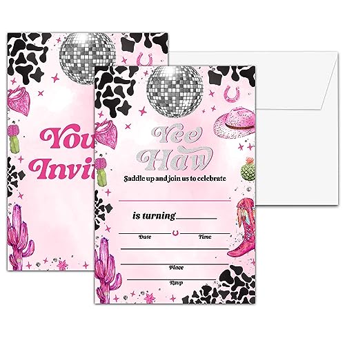 Chuxvon Space Cowgirl Geburtstagsparty-Einladungen, Rosa Disco Cowgirl Geburtstagseinladung, Nashville Geburtstagsparty-Dekorationen, 20 Karten mit 20 Umschlägen(D21) von Chuxvon