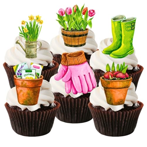 Vorgeschnittene essbare Cupcake-Topper für den Garten, grüner Daumen, Gärtner-Thema, Oblaten-Kuchendekorationen (Set mit 12 Stück) von Cian's Cupcake Toppers Ltd