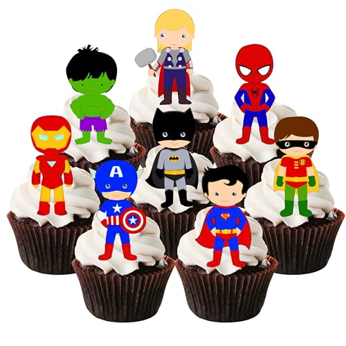 Essbare Cupcake-Topper mit Comicbuch-Helden, lustige, superbetriebene Oblaten-Kuchendekorationen, Thema 1, Action-Figuren-Designs für Geburtstagsfeiern und Themen-Events, 5 cm (vorgeschnitten, 12 von Cian's Cupcake Toppers Ltd