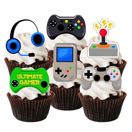 Essbare Cupcake-Topper mit Gamer-Motiv, vorgeschnitten, stehende Oblaten, Kuchendekorationen (vorgeschnitten, 12 Stück) von Cian's Cupcake Toppers Ltd