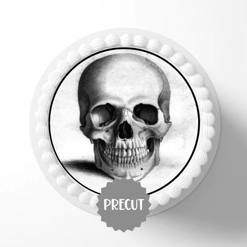 Vorgeschnittener essbarer Totenkopf-Kuchenaufsatz 17,8 cm – Halloween Gruseliger Totenkopf #2 – Oblaten-Karte 17,8 cm Kuchendekoration von Cian's Cupcake Toppers Ltd