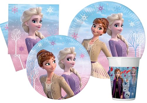 Ciao AZ007 Tableware II Wind Spirit 8 People (44 pcs Ø23cm, 8 Plates Ø20cm, 8 Cups, 20 Napkins) Partygeschirr Party-Set Disney Frozen (Pappteller, Bucher, Servietten), Himmelblau, Lila, Pinke von Ciao