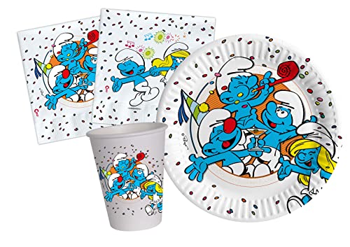 Ciao Party Tableware Set Smurfs for 24 People (88 pcs: 24 Plates Ø18cm, 24 Cups 200ml, 40 Napkins 33x33cm) in eco-Friendly compostable Paper von Ciao