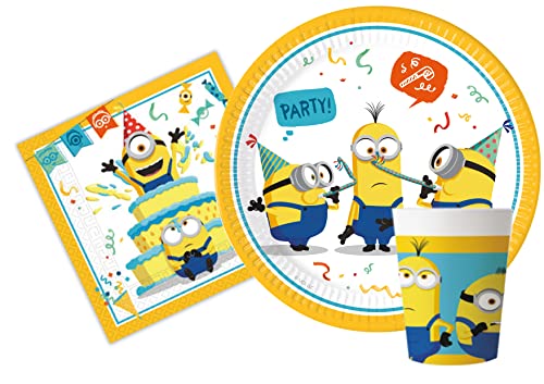 Ciao AZ038 Minions The Rise of Gru for People (88 pcs Plates Ø23cm, Cups 200ml, 40 Napkins 33x33cm) Party Tableware Set, Einfarbig, 24 Personen von Ciao