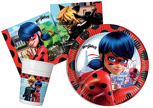 Ciao AZ063 Partygeschirr Party-Set Miraculous Ladybug (Pappteller, Bucher, Servietten), Rot, Schwarz, 8 Personen von Ciao