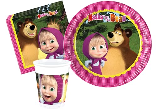 Ciao AZ067 Partygeschirr Party-Set Masha and The Bear (Pappteller, Bucher, Servietten), Multicolor, 8 Personen von Ciao