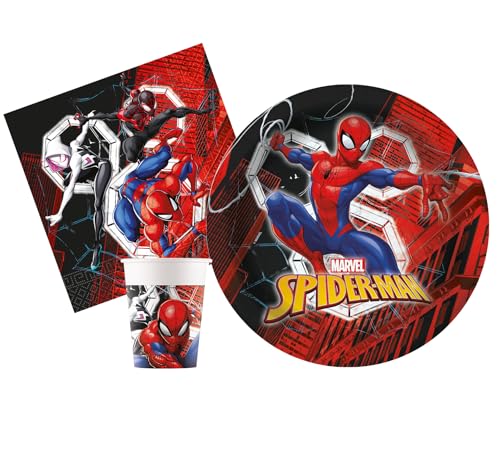 Ciao AZ085 Party-Set Marvel Spider-Man World of Webs für 8 Personen (36-teilig: 8 Teller Ø23 cm, 8 Becher 200 ml, 20 Servietten 33 x 33 cm), Rot, Blau, Schwarz von Ciao