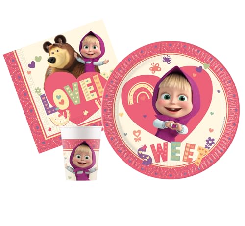 Ciao AZ092 Party-Set Masha Sweet Heart Personen (88-teilig Teller Ø23 cm, 24 Becher 200 ml, 40 Servietten 33 x 33 cm), Rosa, Beige von Ciao