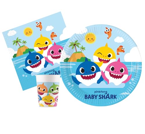Ciao AZ097 Party-Set Baby Shark für 8 Personen (36-teilig: 8 Teller Ø23 cm, 8 Becher 200 ml, 20 Servietten 33 x 33 cm), Mehrfarbig von Ciao