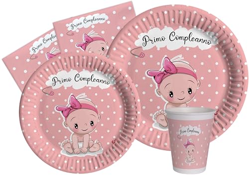 Ciao AZ135 Partygeschirr Party-Set Baby (Pappteller, Bucher, Servietten) in Carta compostabile eco-Friendly, Pinke, 24 Personen von Ciao