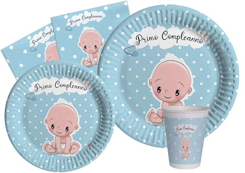 Ciao AZ137 Partygeschirr Party-Set Baby (Pappteller, Bucher, Servietten) in Carta compostabile eco-Friendly, Himmelblau, 24 Personen von Ciao