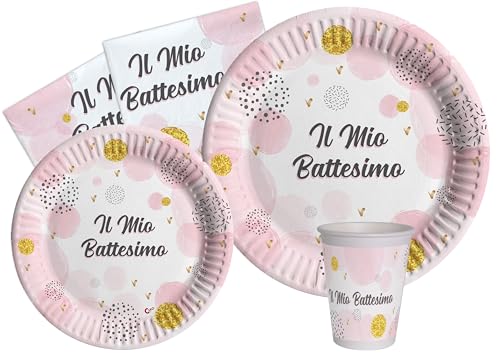 Ciao Partygeschirr Party-Set Battesimo für 24 Personen (112 pcs: 24 Pappteller Ø23cm, 24 Pappteller Ø18cm, 24 Becher 250ml, 40 Servietten 33x33cm) aus eco-Friendly kompostierbarem Papier, Rosa von Ciao