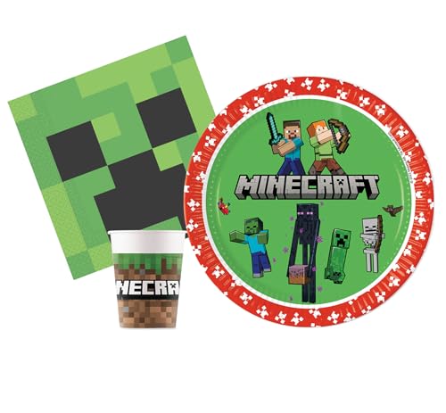 Ciao AZ178 Party-Set Minecraft Personen (88 Stück Teller Ø23 cm, 24 Becher 200 ml, 40 Servietten 33 x 33 cm), grün von Ciao