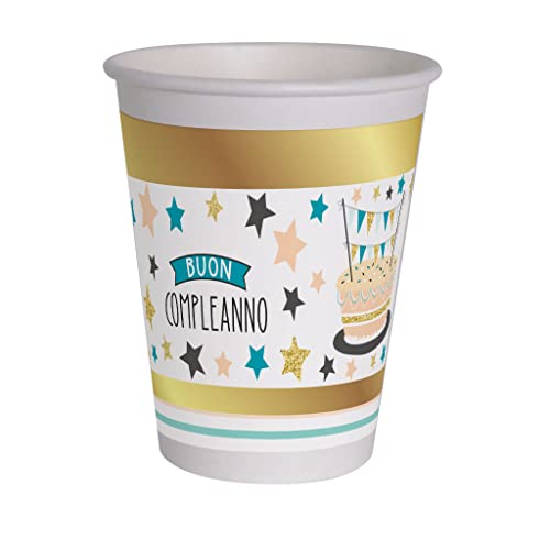 Ciao - Kompostierbare Papierbecher Geburtstag Shiny Gold (250 ml), 8 Stück, Gold, Weiß, 34750 von Ciao