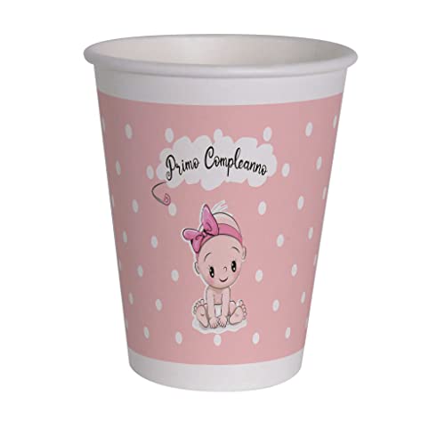Ciao - Kompostierbare Papierbecher zum ersten Geburtstag (250 ml), 8 Stück, Rosa, 34769 von Ciao