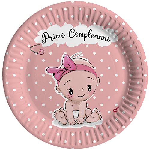 Ciao - Kompostierbare Pappteller zum ersten Geburtstag (Ø18 cm), 8 Stück, Rosa 16-21 cm, 34767 von Ciao