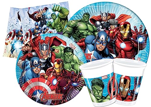 Ciao Party Tableware Set Marvel Avengers Mighty for 24 people (112 pcs: 24 paper plates Ø23cm, 24 paper plates Ø20cm, 24 cups 200ml, 40 paper napkins 33x33cm) von Ciao