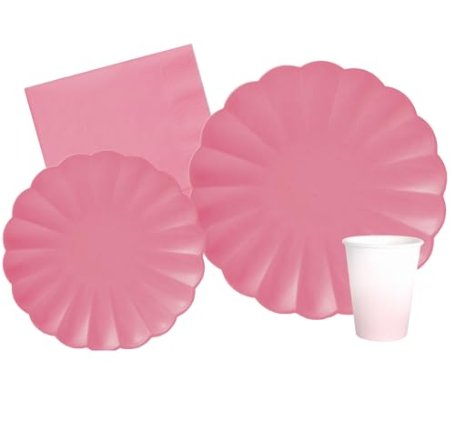 Ciao Partygeschirr Party-Set Flower Shape für 24 Personen (112 pcs: 24 Pappteller Ø23cm, 24 Pappteller Ø18cm, 24 Becher 250ml, 40 Servietten 33x33cm) aus eco-Friendly kompostierbarem Papier, Altrosa von Ciao