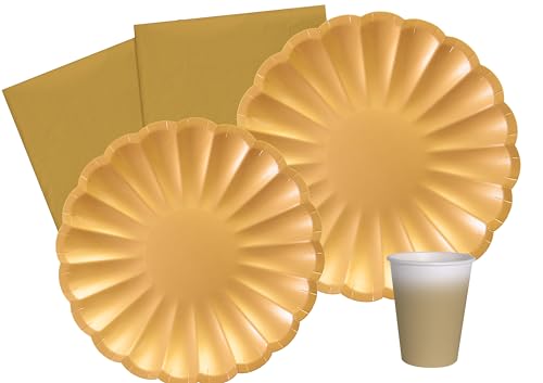 Ciao Partygeschirr Party-Set Flower Shape für 8 Personen (44 pcs: 8 Pappteller Ø23cm, 8 Pappteller Ø18cm, 8 Becher 250ml, 20 Servietten 33x33cm) aus eco-Friendly kompostierbarem Papier, Gold von Ciao