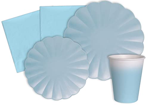 Ciao Partygeschirr Party-Set Flower Shape für 8 Personen (44 pcs: 8 Pappteller Ø23cm, 8 Pappteller Ø18cm, 8 Becher 250ml, 20 Servietten 33x33cm) aus eco-Friendly kompostierbarem Papier, Pastellblau von Ciao
